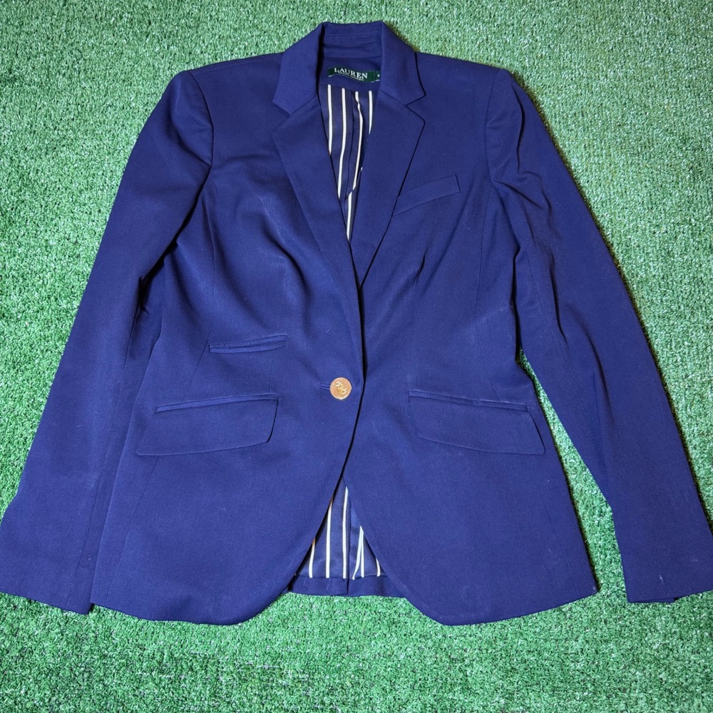 Lauren Ralph Lauren Navy Blue Single Button Crest Gold Button Blazer Jacket 2